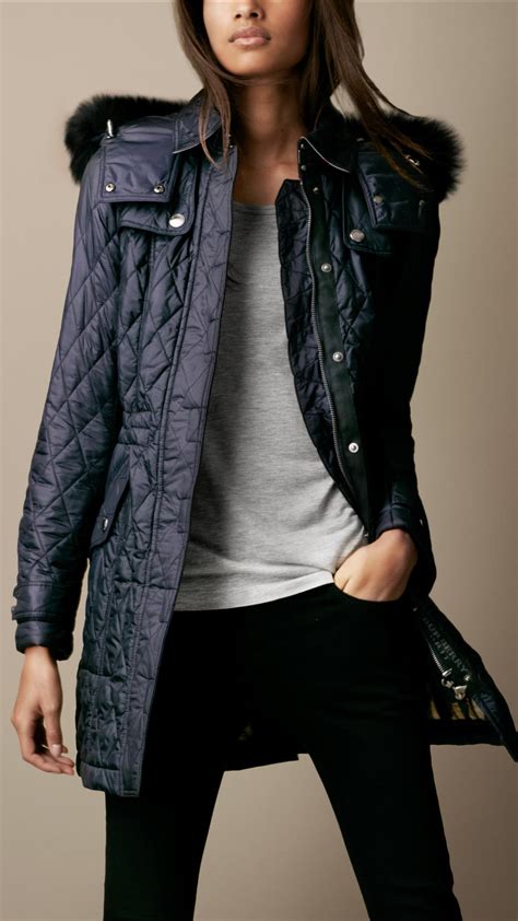 burberry brit benley fur-trim quilted jacket|Burberry coats for women.